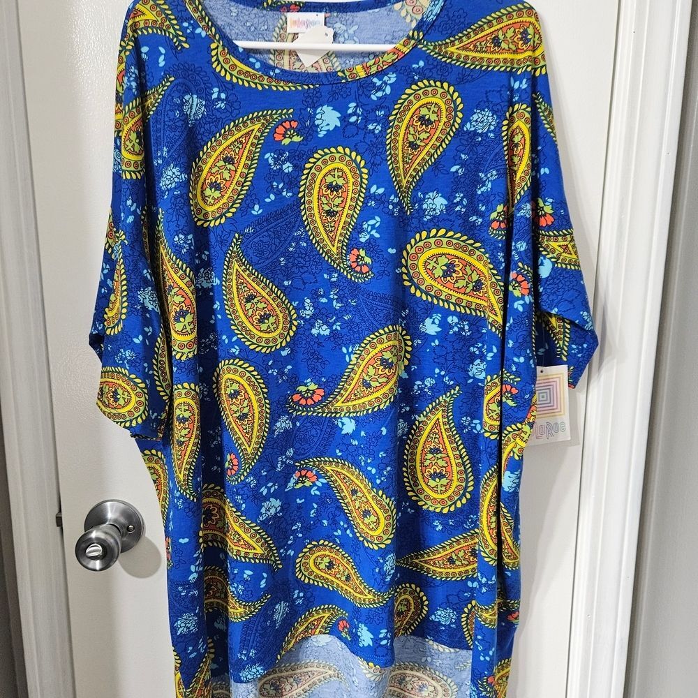 LuLaRoe  Short Sleeve Tunic Blue and Yellow Paisley Women's Xl